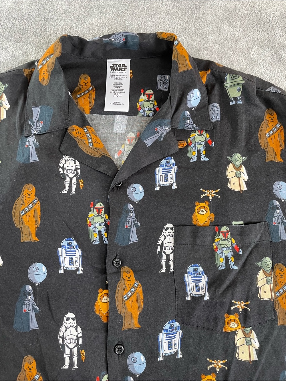 Star Wars Character Hawaiian Shirt Mens XL Black R2D2 Yoda Boba Fett Trooper